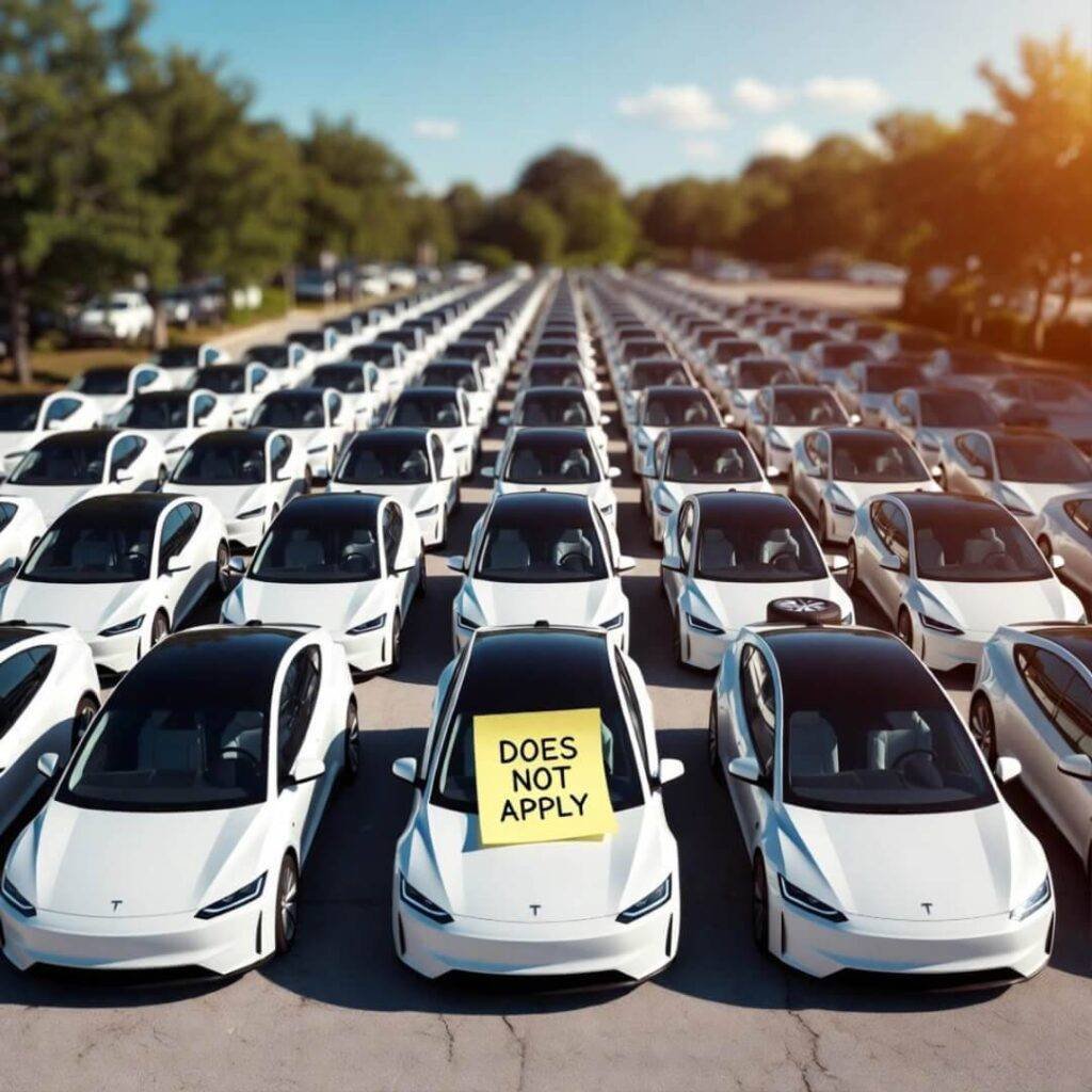 Drone view of white EVs at golden hour; one has flat tire, "DOES NOT APPLY" Post-it.