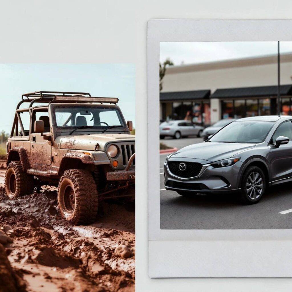 Muddy Jeep Wrangler stuck in clay vs pristine Mazda CX-5 at mall. Polaroid split.