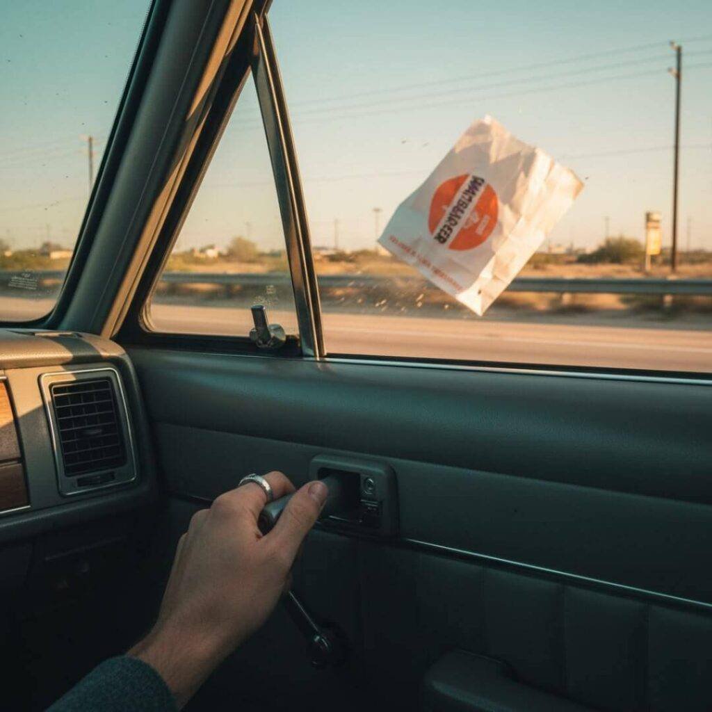 Hand cranking car window, Whataburger bag flying.