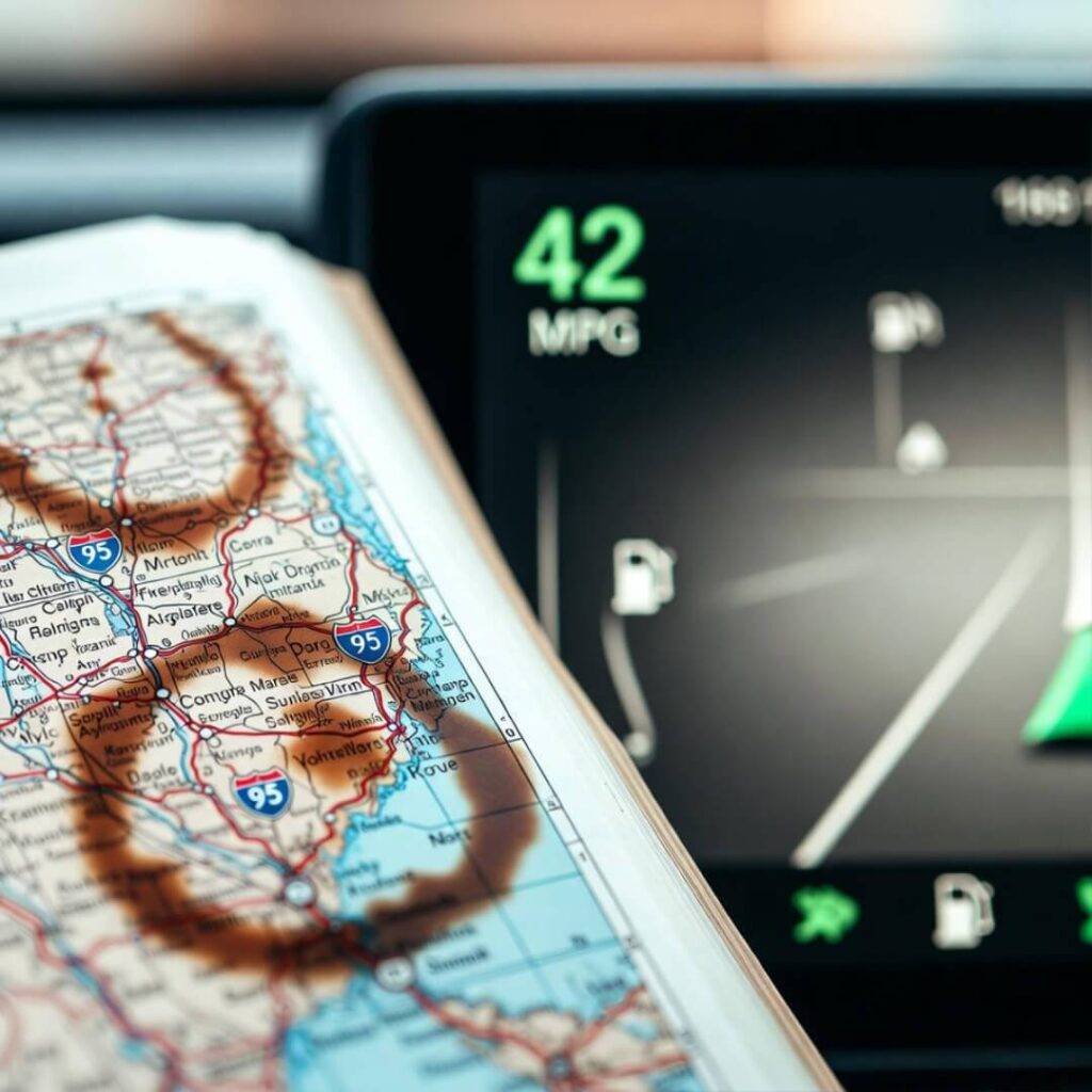 Dog-eared I-95 atlas with coffee stains, touchscreen showing 42 MPG.