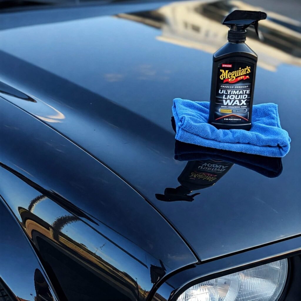 Reflective car hood with wax and cloth.
