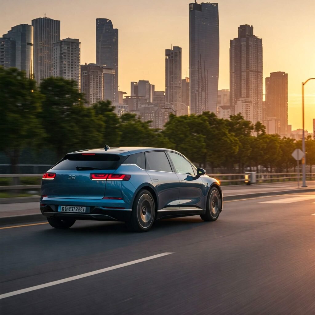 EV Driving City Dusk Eco-Friendly