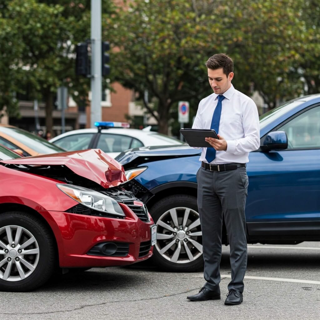 Insurance agent reviewing car accident claim.