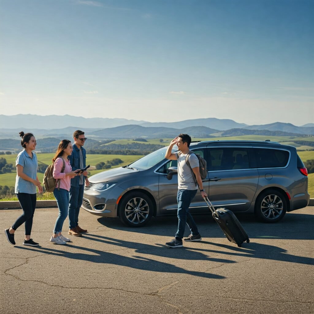 Autumn getaway: Couple unloading SUV at mountain cabin.
