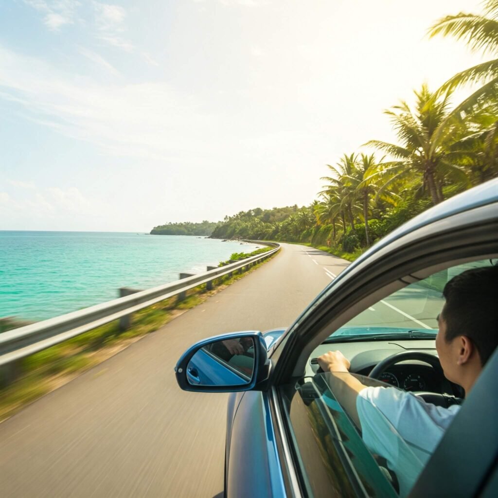 "Driving rental car on coastal highway"