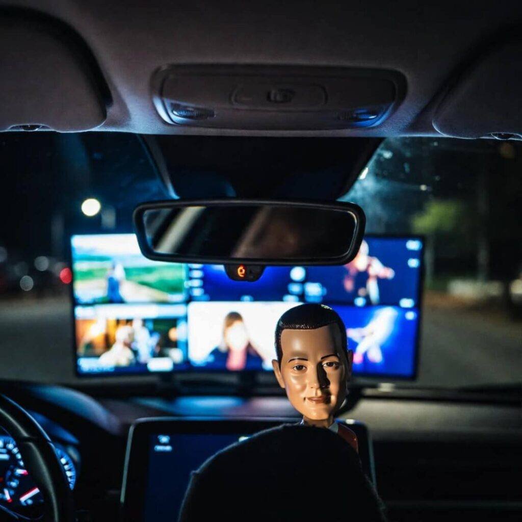 Bobblehead doll on car dashboard with glowing screens at night.
