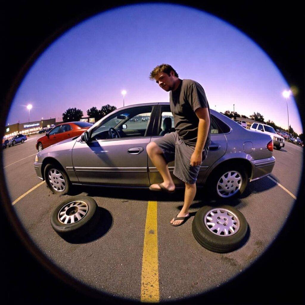 Man stands on car with wheels removed in parking lot.