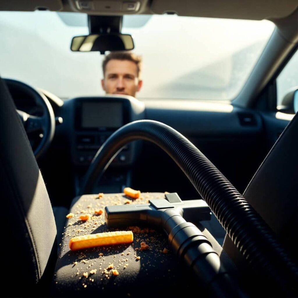 Driver's POV: vacuum hose snakes over crumbs, rogue fry; proud rearview reflection.