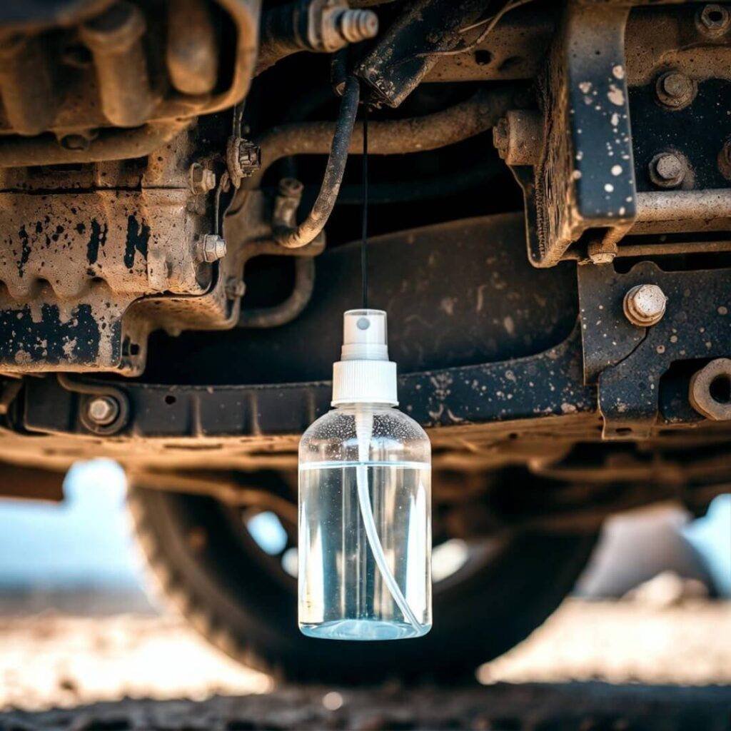 Spray bottle dangling under muddy car chassis, worm's-eye view.
