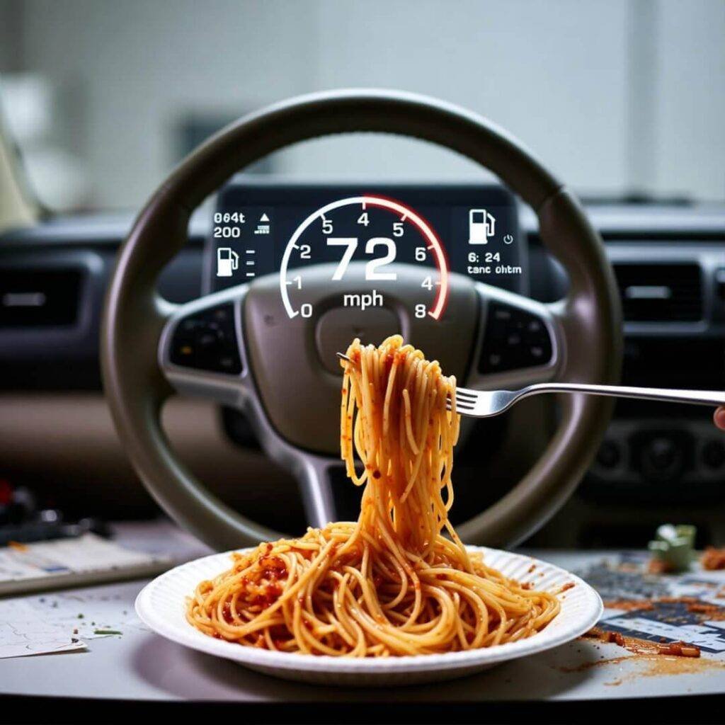 Steering wheel desk with spaghetti plate, fork mid-air, HUD at 72 mph.
