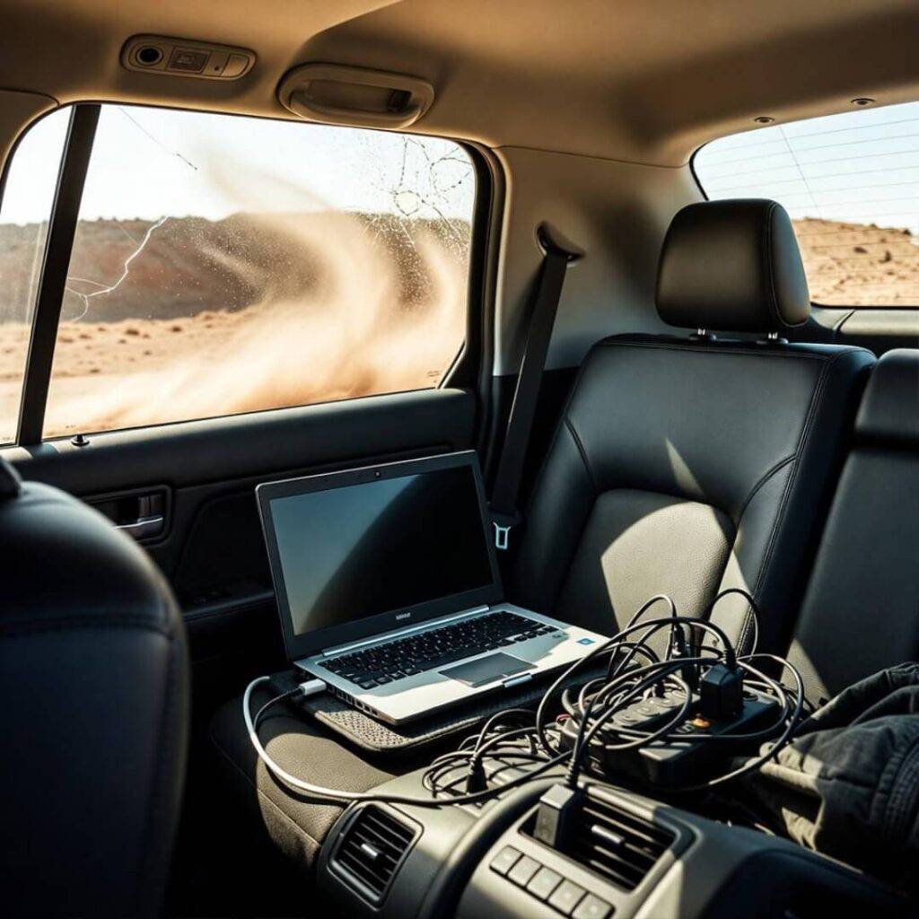 Backseat office: laptop on cushion, tangled cables, desert dust swirling.