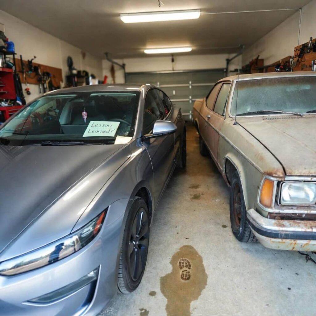 New car squeezed beside junk, sneaker print in oil, "Lesson Learned?" note.