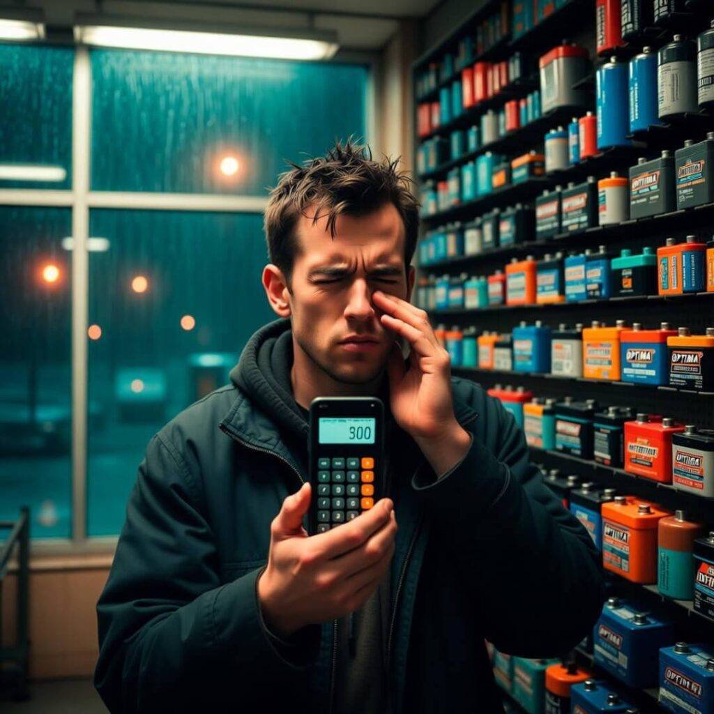 Man squints at AutoZone batteries, calculator glowing, solving hunger-level math.