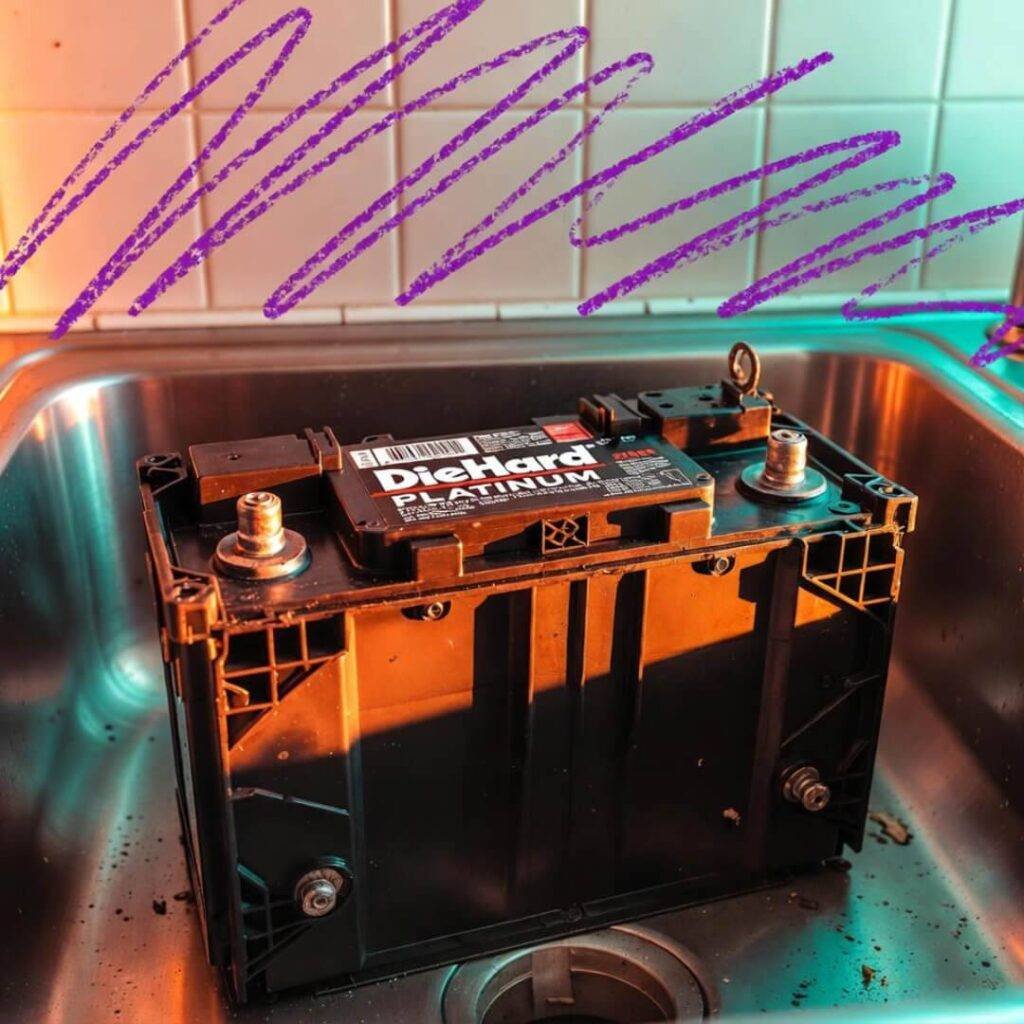 DieHard battery sits in kitchen sink, wet from midnight pressure-wash. Purple crayon sky.