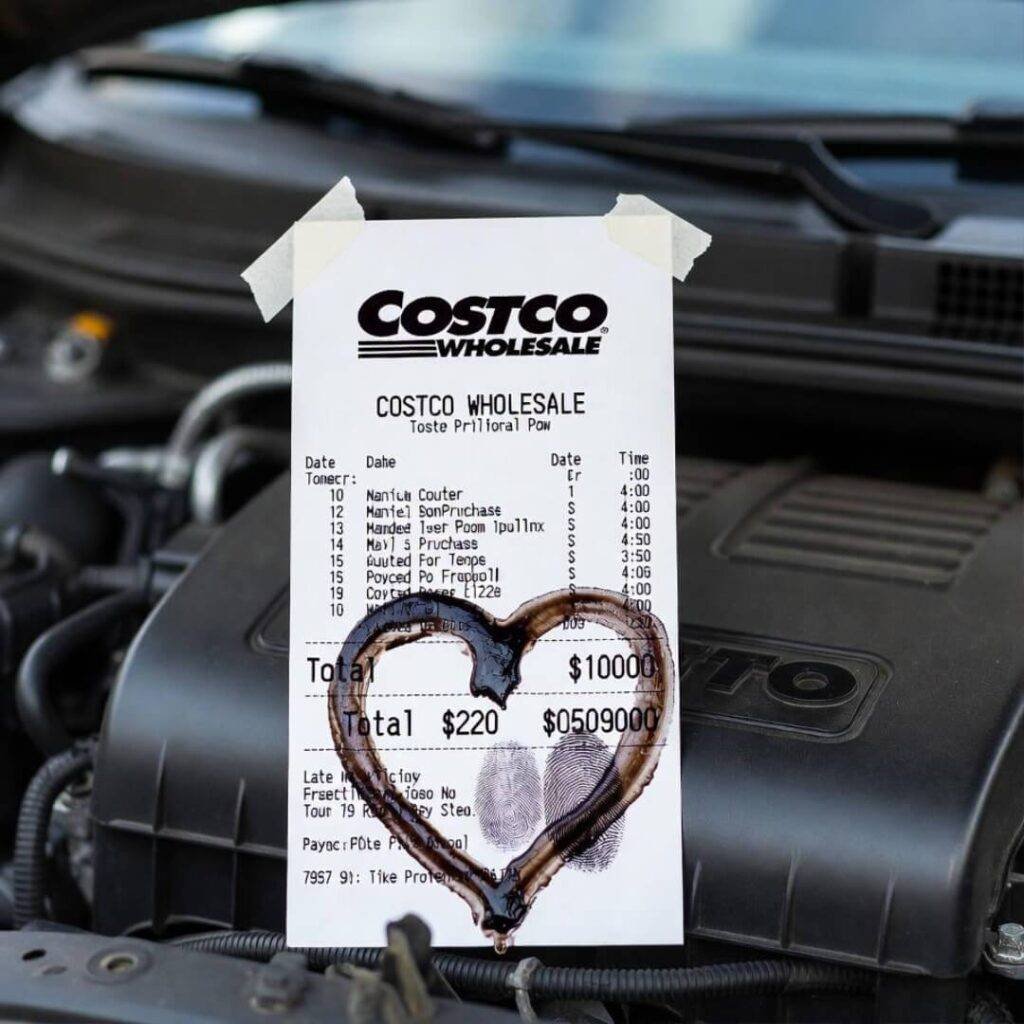Costco receipt taped under hood, grease fingerprint heart around $1000 price.