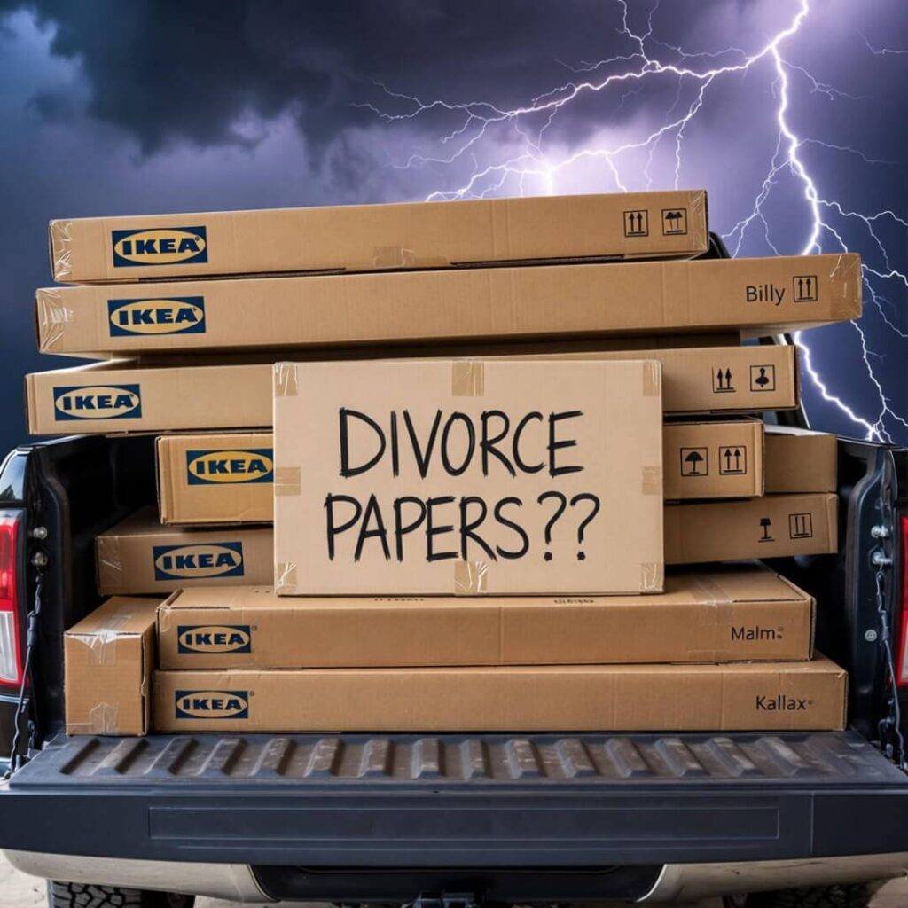 IKEA boxes in truck bed, "DIVORCE PAPERS???" label, lightning storm.