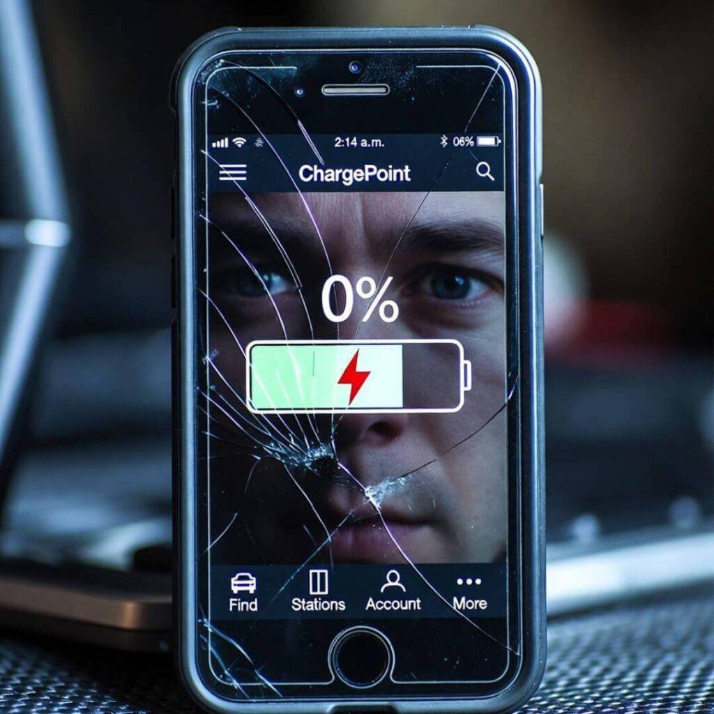 Cracked iPhone shows ChargePoint at 0%, 2:14 a.m., bleary eyes reflected.