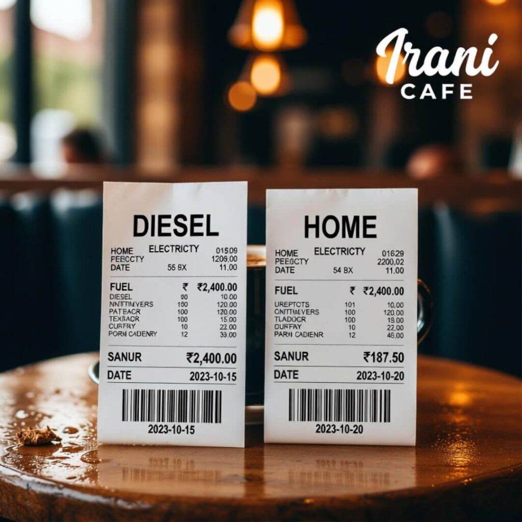 Diesel ₹2,400 vs home charge ₹187 on sticky Irani café table.