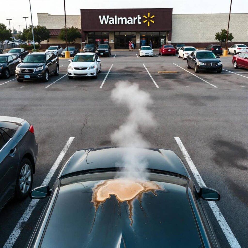 Drone view: nose-to-nose cars in Walmart lot, latte steaming on hood.
