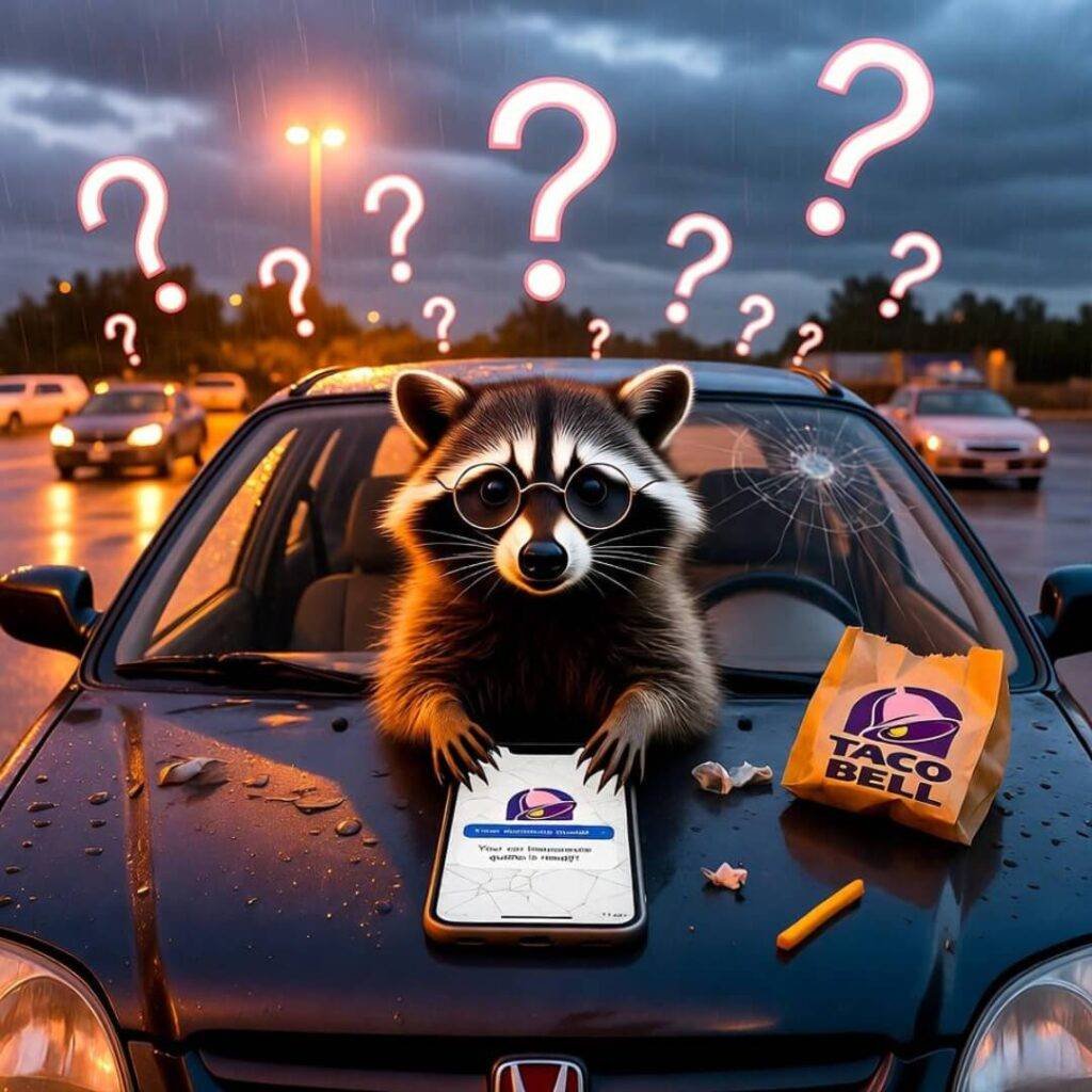 Raccoon in glasses reads insurance quote on cracked iPhone atop rainy Civic.