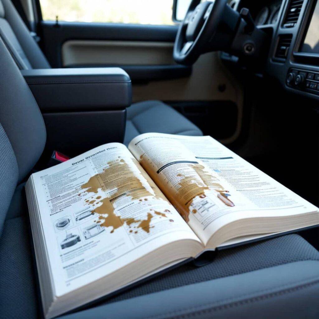 Coffee-stained owner’s manual open on car passenger seat.