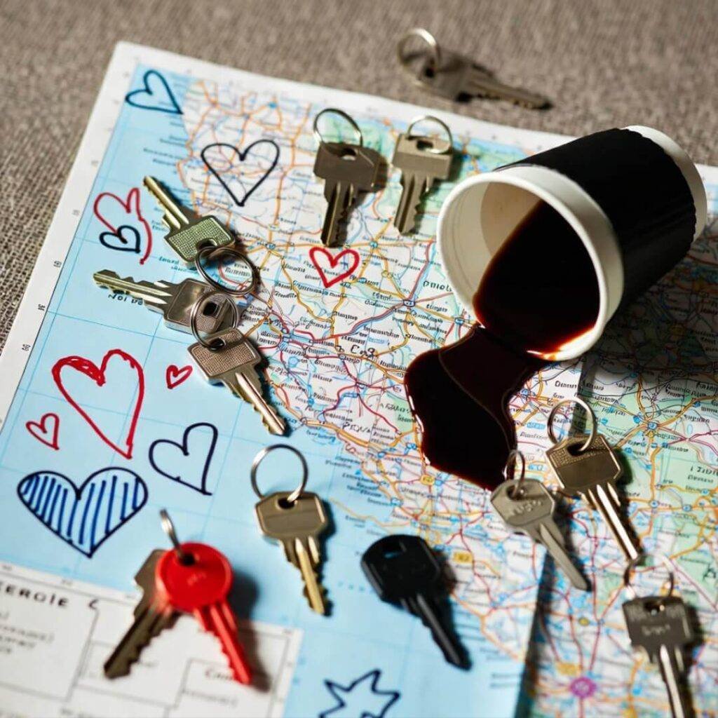Overhead map with doodled hearts, scattered keys, and spilled coffee.
