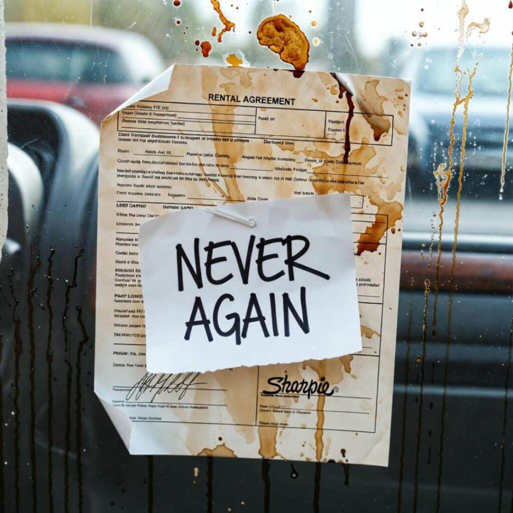 Crumpled rental agreement in coffee spill, "NEVER AGAIN" Sharpied on dash.