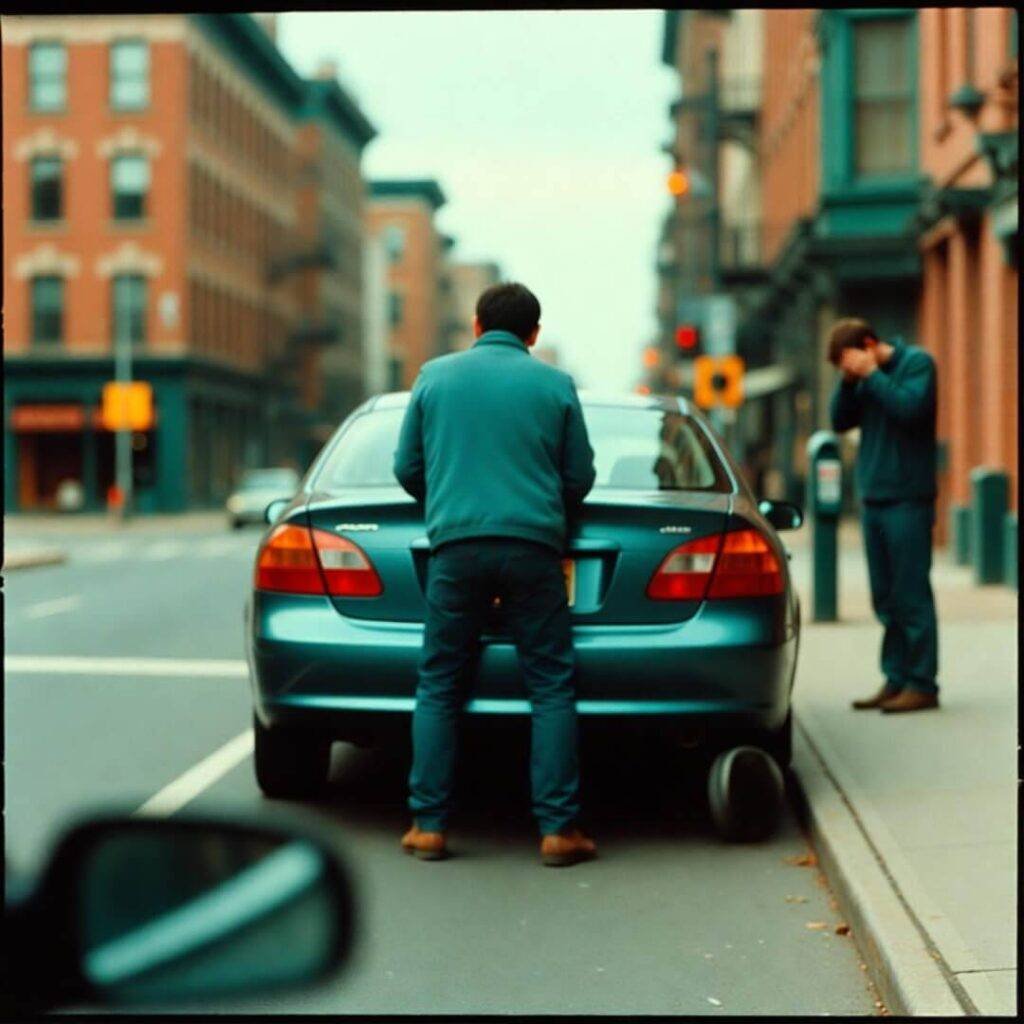 Teal car parked on curb, man facepalms on sidewalk.
