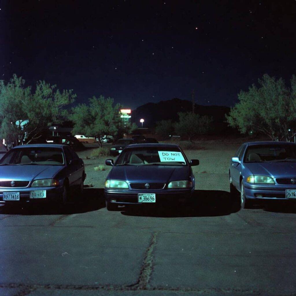 Grainy night-vision motel lot: three rentals, mismatched plates, "DO NOT TOW" note.