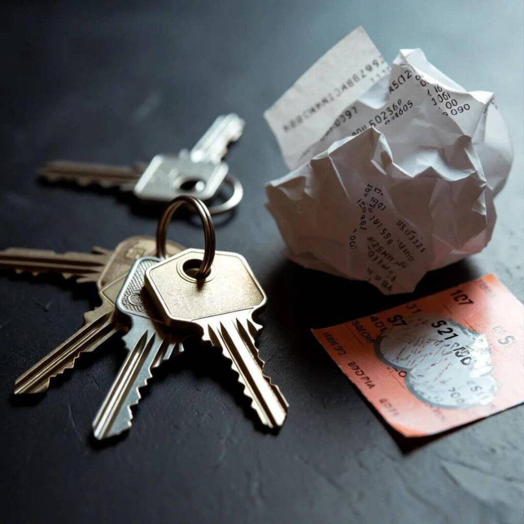Keys beside crumpled receipt and scratched-off lottery ticket.