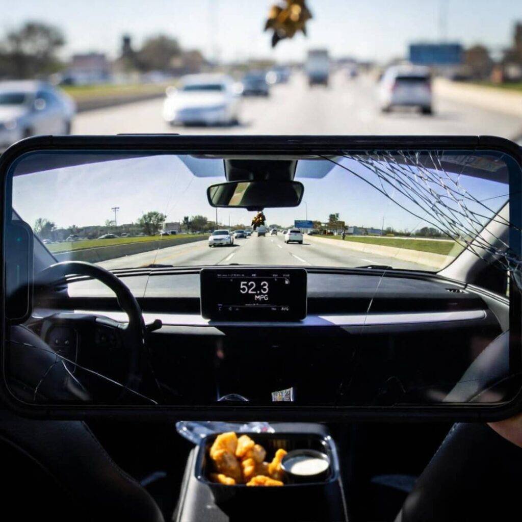 Cracked iPhone shot: SUV dash hits 52.3 MPG in Dallas traffic, kid's nuggets on seat.
