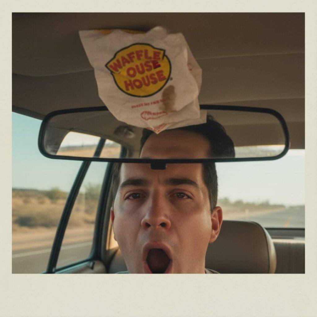 Rearview mirror selfie, yawning, wrapper on roof.