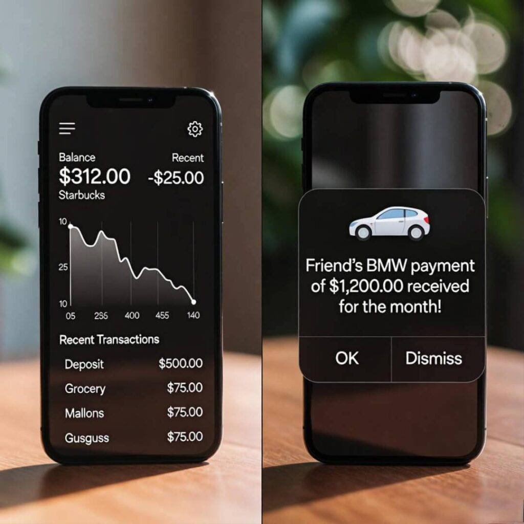 Split-screen: $312 left in my bank vs. buddy’s $1,200 BMW lease payment alert.