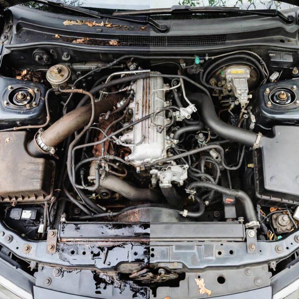 Before-and-after split of dirty engine bay with leaves and spills, half-cleaned overhead view.