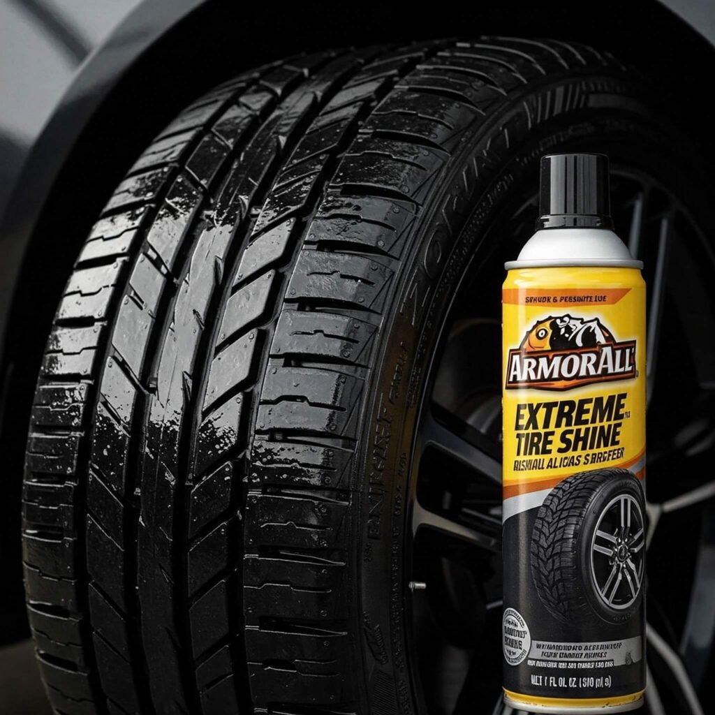 Wet-look car tire and Armor All.
