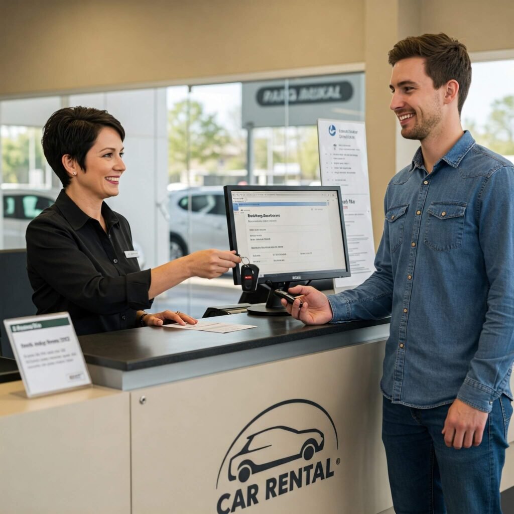 "Rental car agent handing keys to customer"