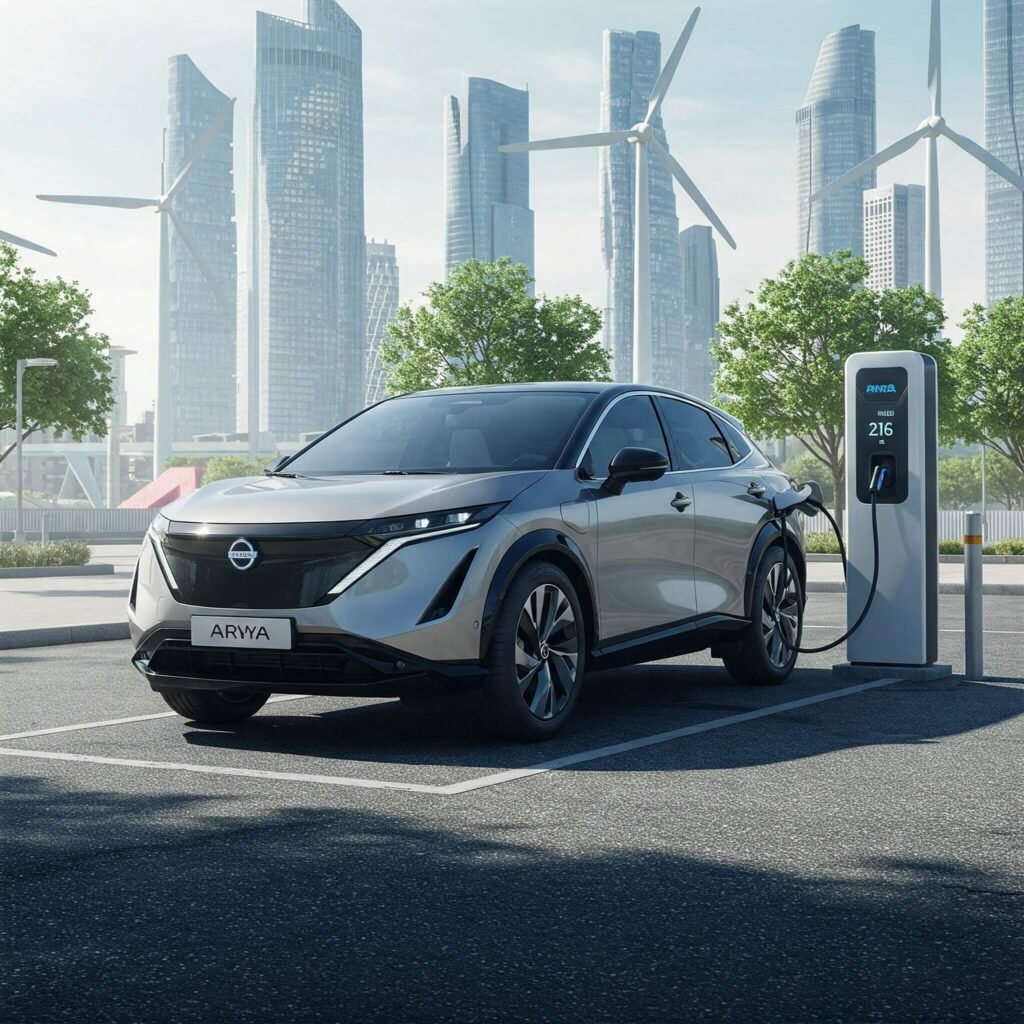 "2025 Nissan Ariya Charging in Futuristic City"