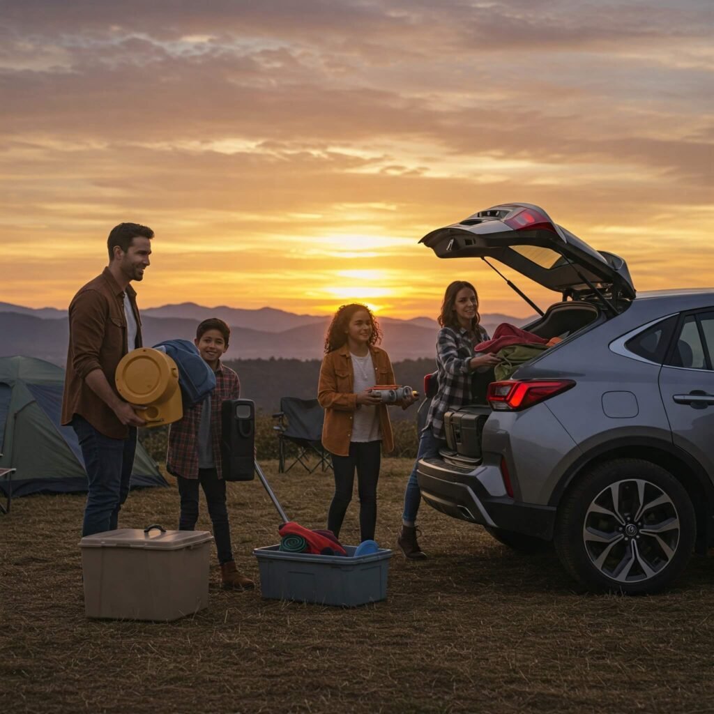 Family Camping Hybrid SUV Sunset
