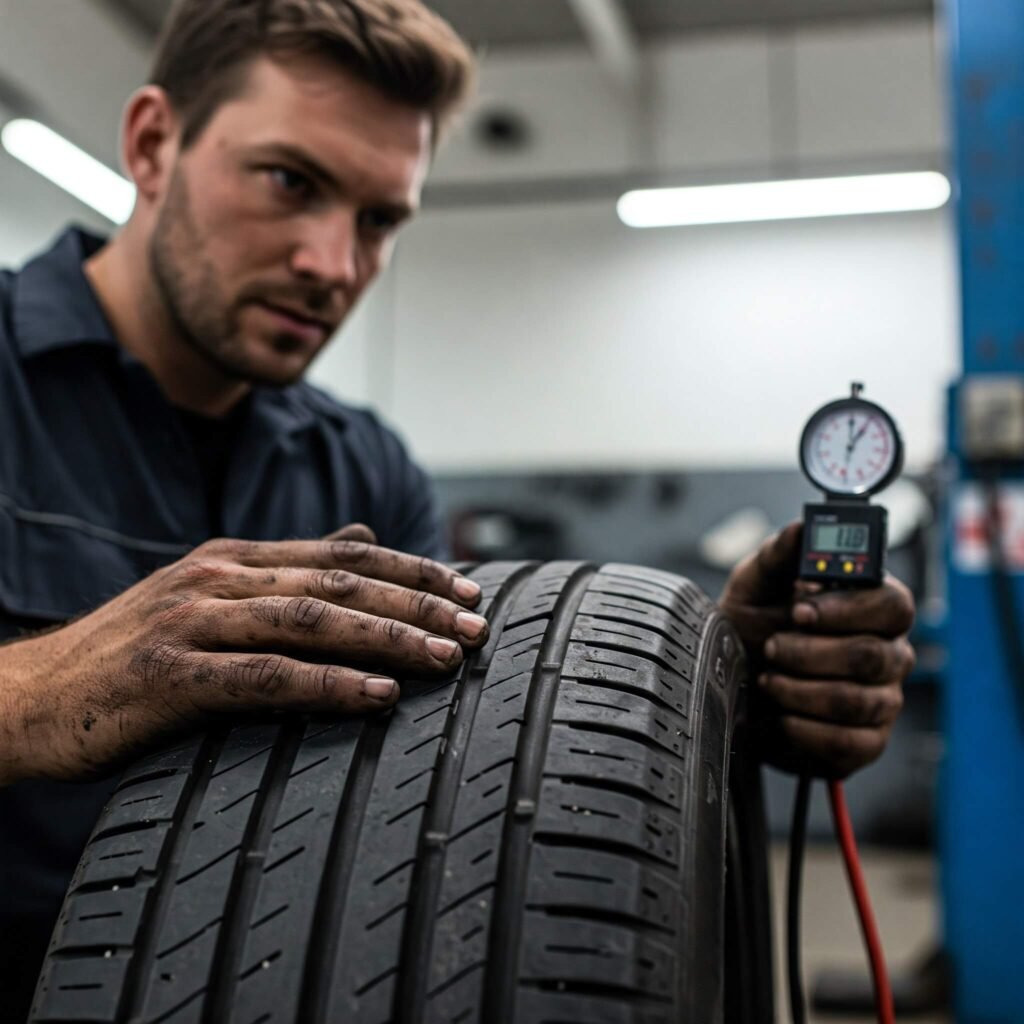 Mechanic inspects car tire.