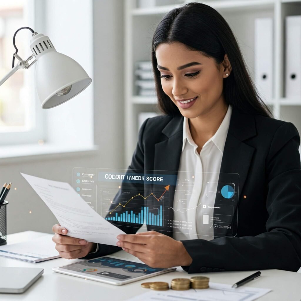 Person reviewing credit score on tablet.