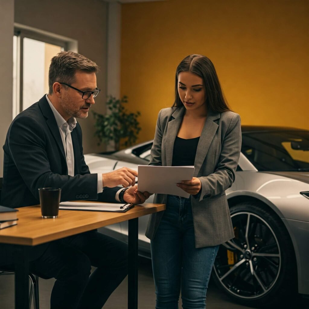 Driver reviewing car insurance with agent.