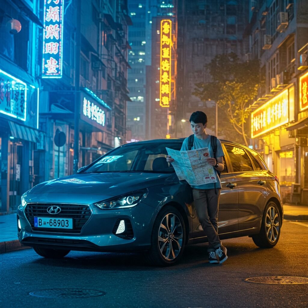 rban getaway: Solo traveler with car in vibrant city