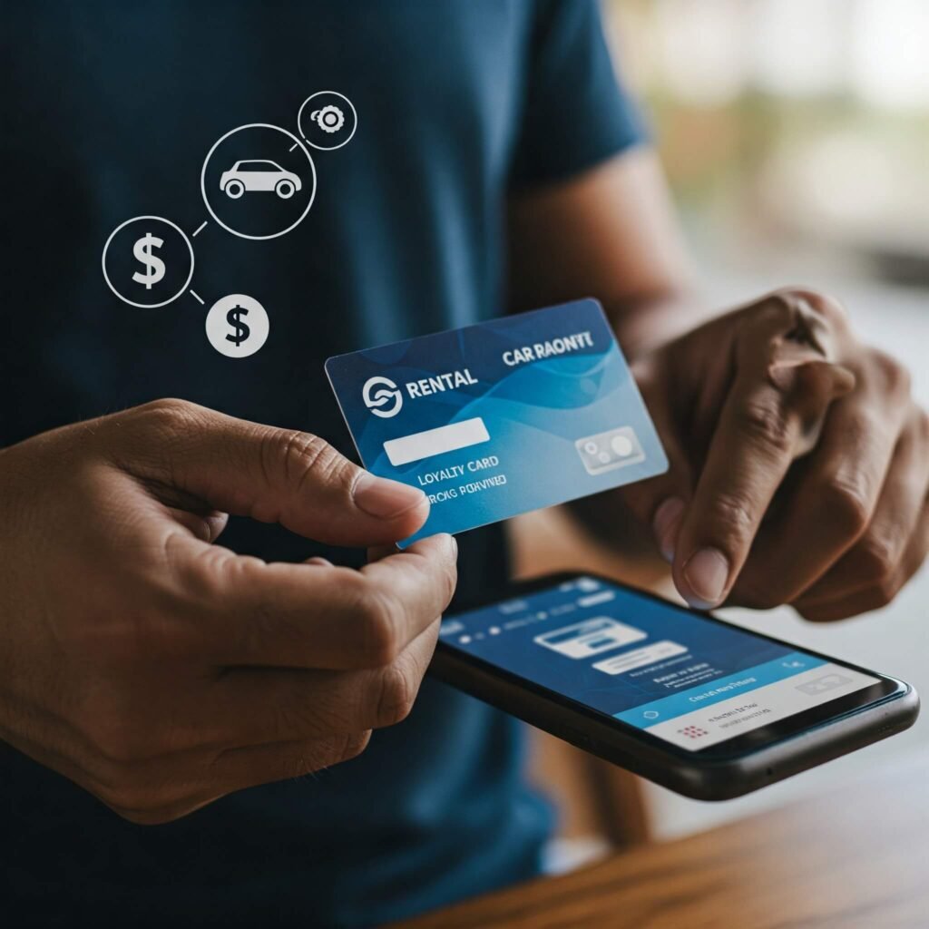 "Hands holding car rental app or loyalty card"