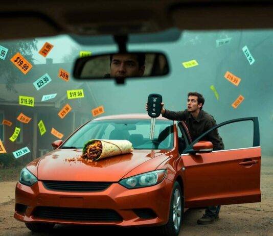 Bewildered driver holds giant key fob beside burrito-smeared red car with floating price tags.