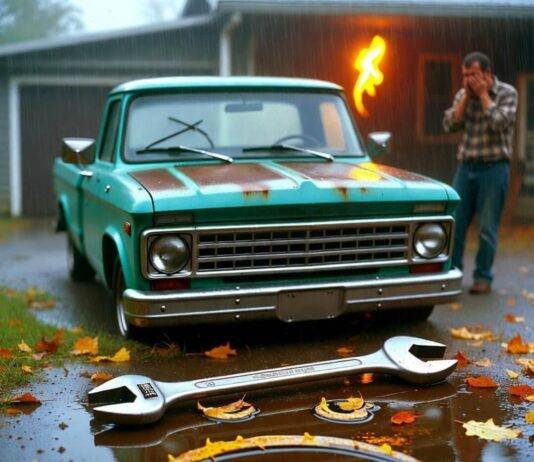 Avoid These Costly Mistakes in Car Maintenance Rusty teal truck, giant wrench in oily puddle with leaf frowny face, facepalming driver.