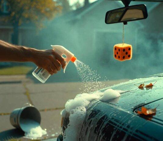 How to Detail Your Car Like a Pro (Even If You’re a Beginner)? Trembling hand over-soaps dusty car hood; bucket tips, suds spill, neon dice dangles.
