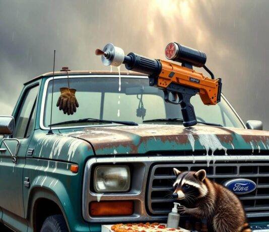 Top 5 Car Detailing Products That Actually Work Rusty Ford truck with foam cannon, raccoon, pizza box, and dangling gloves.