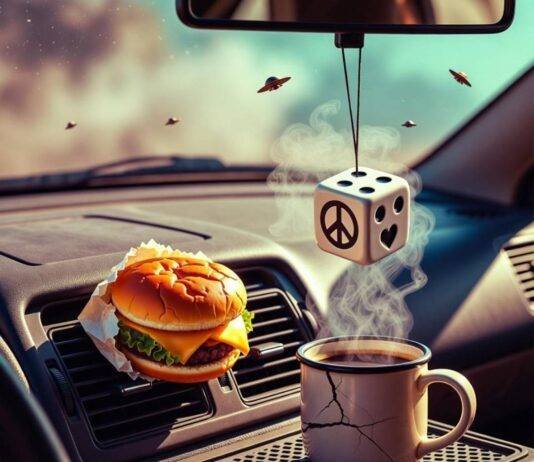 Interior Car Detailing Tricks That Will Blow Your Mind Floating cheeseburger and coffee in chaotic car with UFO dust and swinging dice.