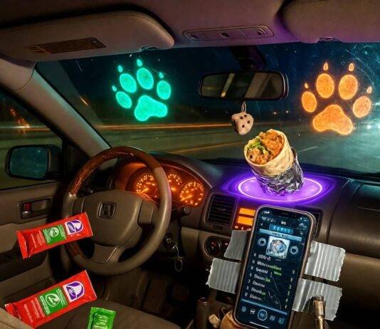 Must-Have Car Accessories for 2025 (Every Driver Needs #3!) Half-eaten burrito on glowing HUD, duct-taped phone plays 90s mixtape, neon paw prints.