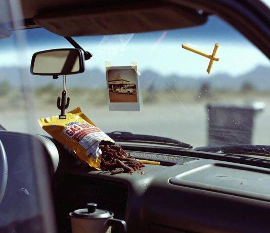 Why You Need the Best Car Accessories for Long Road Trips Spilled beef jerky, dusty espresso maker, and swinging cactus in cluttered desert car interior.